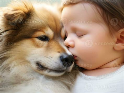 Loving dog nuzzling a newborn baby in a crib AI Generative 34085908