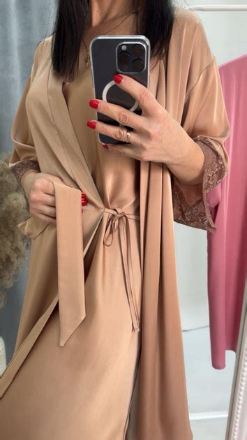 Комплект домашний plus size - ночная рубашка и халат, шелк, карамель ...