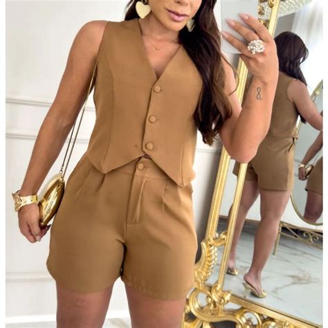 Colete E Shorts Alfaiataria - Conjunto colete e shorts social alfaiataria feminino | Shopee Brasil