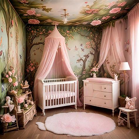 A babys room with a wallpaper with a floral wallpaper on the wall