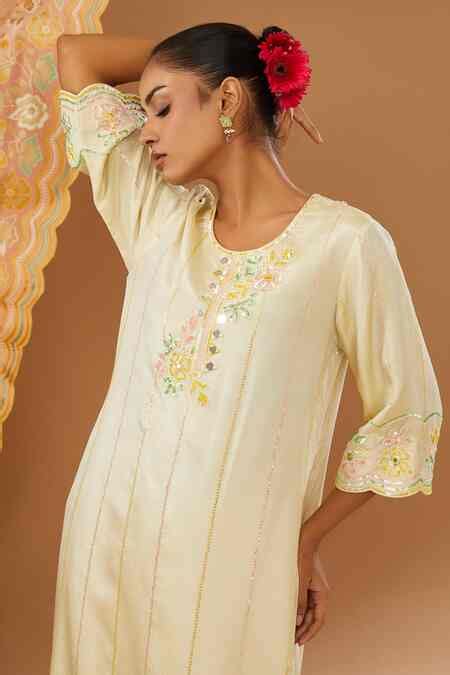 buy ivory silk embroidery mirrors sequins  neck stripe  flora