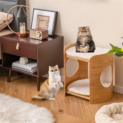 tier elevated cat bed cat tower  natural bamboo frame natural amp