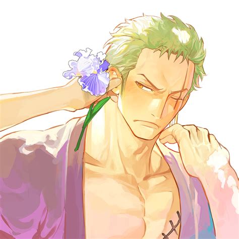Safebooru - 1boy blush closed mouth earrings flower green hair highres