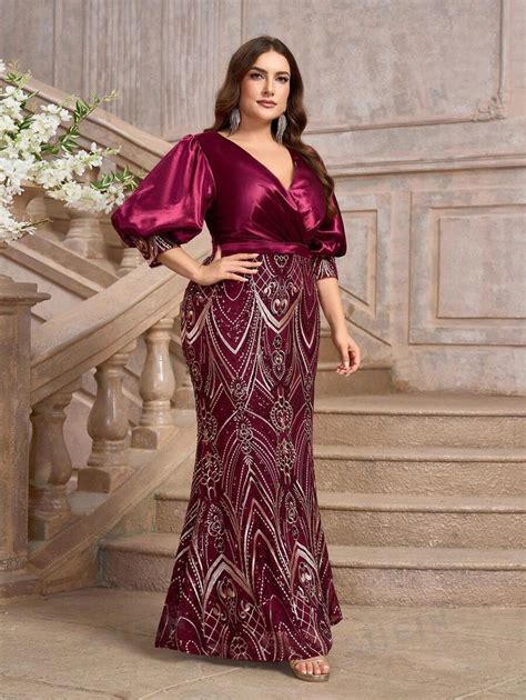 SHEIN Belle Plus Size Burgundy Luxury Beaded Splicing Stretch Sateen ...