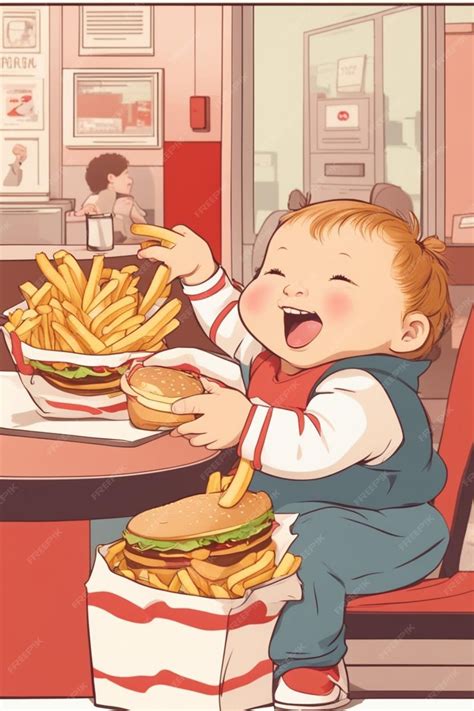 Premium AI Image | obese boy girl eating fast food hamburger french