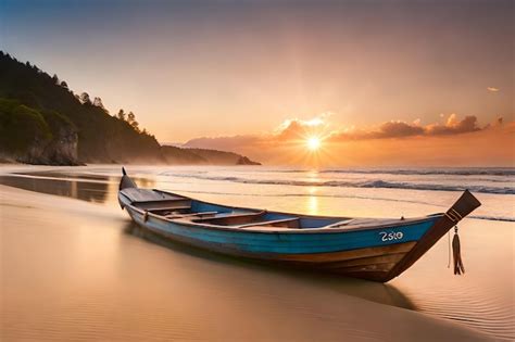 Premium Photo | A boat on the beach at sunset