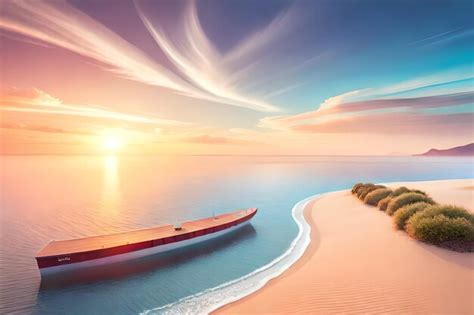 Premium AI Image | A boat on the beach at sunset with a sunset in the ...