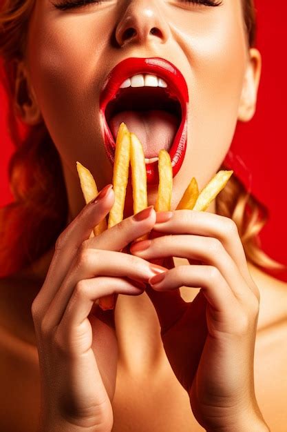 Premium Photo | Woman eating french fries