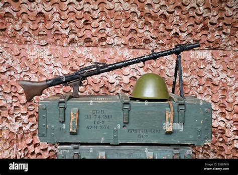 Soviet army ammunition stack of green crates with russian names of ammo ...