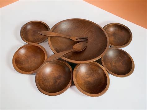 pc wood salad bowl set vintage woodcraftery wooden set  large