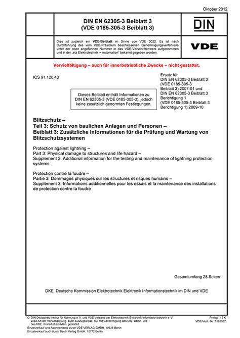 DIN EN 62305-3 VDE 0185-305-3 Beiblatt 3:2012-10 - Normen - VDE VERLAG