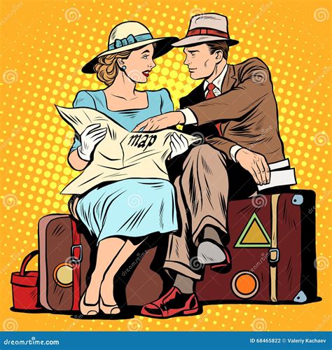 Coppie Dei Turisti Che Esaminano Le Mappe Illustrazione Vettoriale