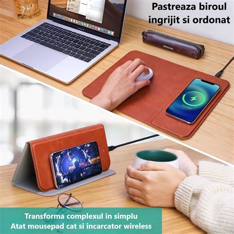 Mousepad pliabil cu incarcator wireless de 15W, Piele ecologica