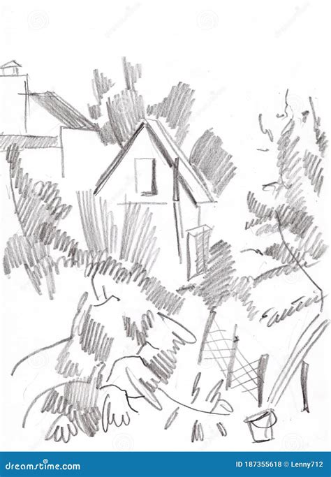 Pencil Sketch of a Village Landscape Stock Illustration - Illustration ...