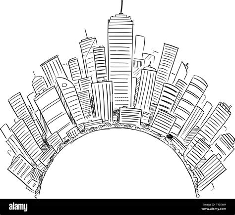 Vector drawing of high rise modern buildings covering half globe or circle as representation of