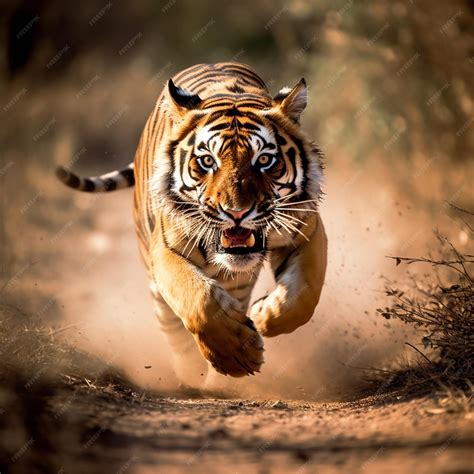 A tiger running in the woods with the tiger on its nose. | Premium AI