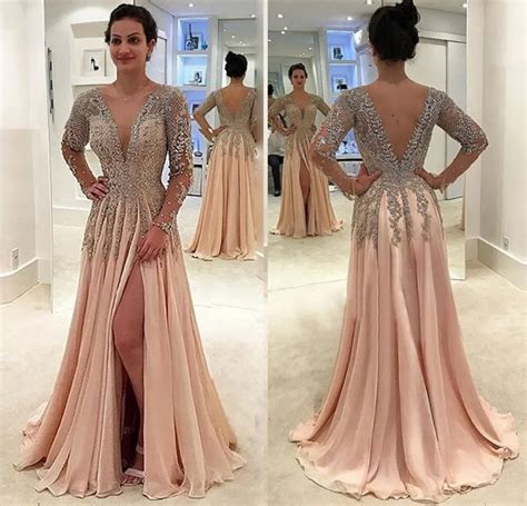 Luxury Champagne Long Prom Dresses With Lace Long Sleeve Sheath Chiffon ...