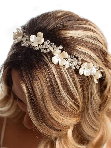 Boho Floral Bridal Hair Accessories, White Flowers and Crystal Tiara ...