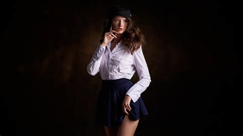 brown, brunette, open mouth, long hair, 4K, berets, dark, touching face