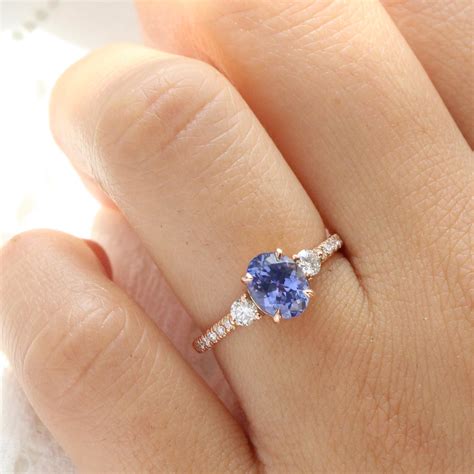 Natural Purple Sapphire Engagement Ring Rose Gold 3 Stone Diamond Ring