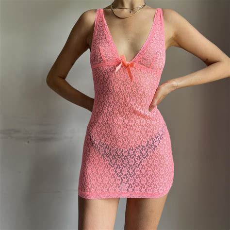 pink sheer bodycon mini dress lacy lingerie - Depop