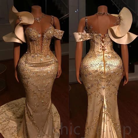 Gold Lace Beaded Mermaid gold prom dress - Arabic Aso Ebi for Evening ...