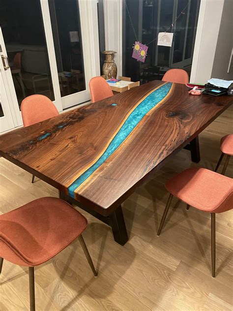 7.5' x 42" Walnut Epoxy River Table with Emerald Green / Blue Epoxy in
