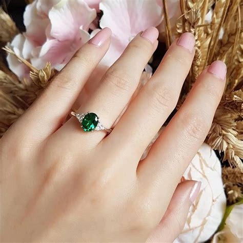 Oval emerald ring Engagement Ring, May Birthstone Promise Ring Green