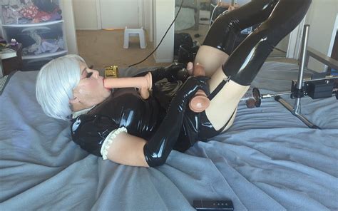 Latex Sissy Maid Candy in Chastity and Bondage Stuck on a Fucking
