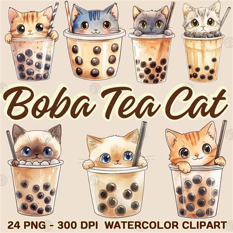 Watercolor Boba Milk Tea Cute Cat PNG, Funny Kitten Clip Art, Kawaii
