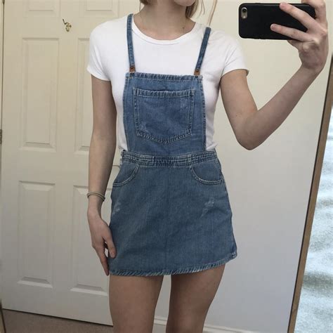 Blue denim dungaree/overalls mini dress 3 pockets... - Depop