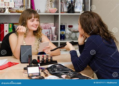 Girl Shows Result of Consultations on Makeupa Artist Stock Image ...