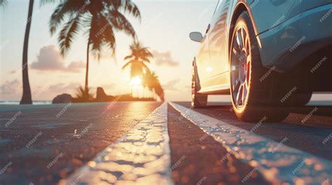 Premium Photo | Banner sunset road trip luxury car on tropical beach ...