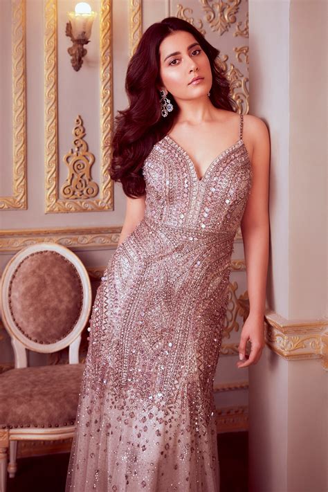 Buy Beige Tulle Embroidery V Neck Josephine Sequins Gown For Women by