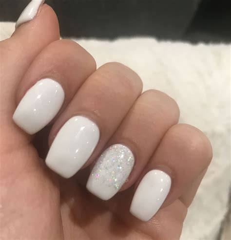 White Nails With Glitter Ring Finger