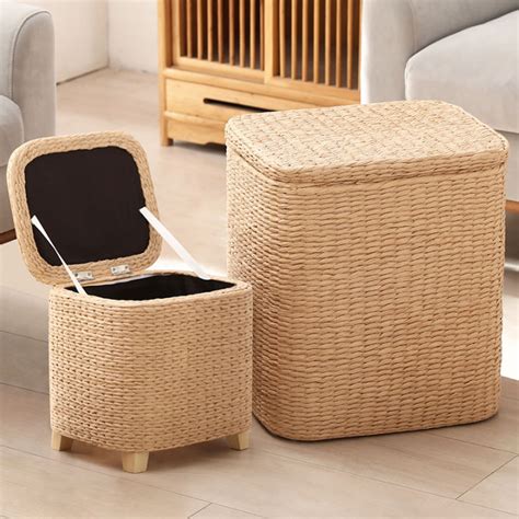 Rattan Multi-Functional Solid Wood Storage Stool Living Room Sitting ...