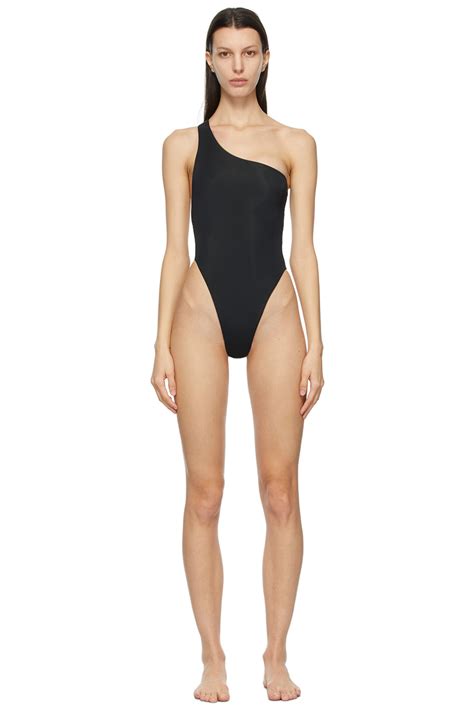 Louisa Ballou: Black Plunge One-Piece Swimsuit | SSENSE | Plunging one