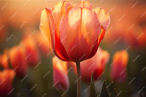 Premium AI Image | tulips in a field with sunset in the background