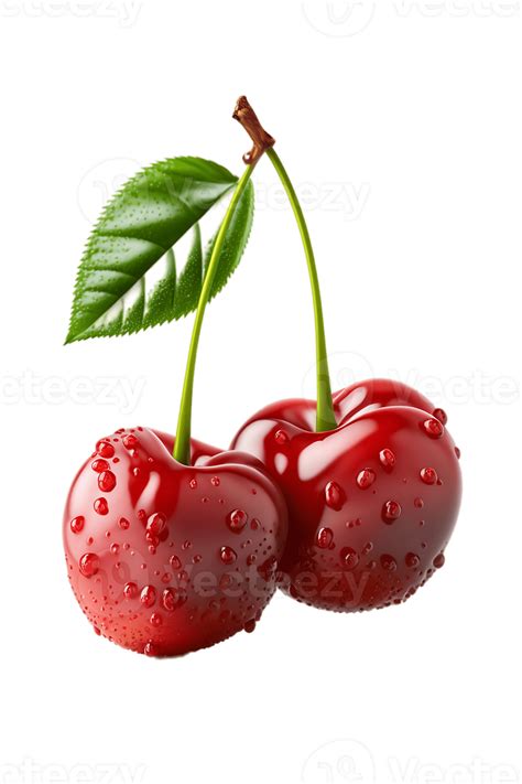 Fresh juicy cherries with water drops isolated on transparent