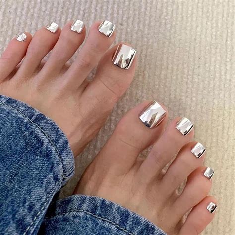 Chrome Press on Toenails Glossy Fake Toe Nails Glue on Toenails Flash