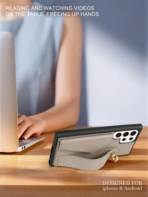 1pc Khaki PU Leather Card Case Wrist Strap Phone Case With Stand ...