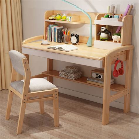 Adjustable Writing Desk Wood Kids Desk and Chair with Storage Shelves ...