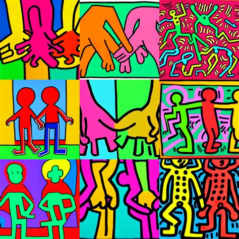 2 gay men holding hand by keith haring. fully clothed. | Stable