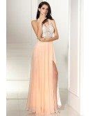 Sleeveless Lace V-neck Slit Coral Chiffon Prom Dress #LG0309 - GemGrace.com
