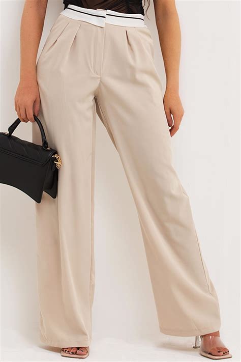 womens reverse waistband wide leg trousers beige styledupcouk