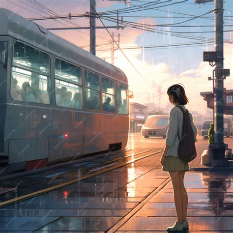 Premium AI Image | Anime scene of a woman waiting for a train at a