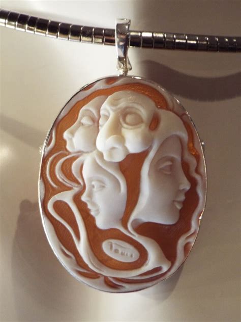 Master Hand Carved Sardonyx Shell Cameo Set in Italian Silver-signed by ...