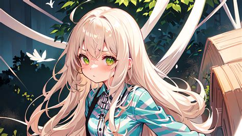 Anime Girl Green Eyes White Hair Blush White Blue Dress Green Leaves HD ...
