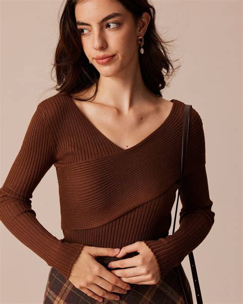 The Coffee V Neck Criss-Cross Wrap Knit Top - Long Sleeve, V Neck ...