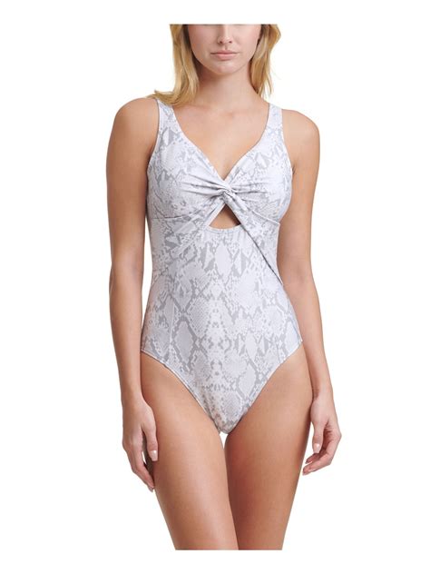 DKNY Women's White Snake Print Stretch REMOVABLE CUPS Deep V Neck